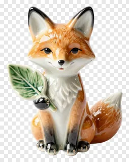 A ceramic fox figurine holding a leaf.