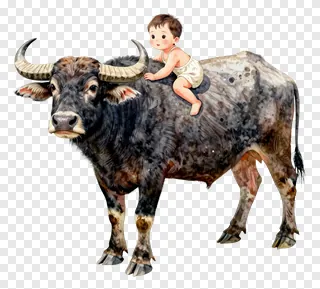A child riding a water buffalo in watercolor style.