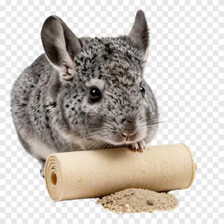 A chinchilla holding a rolled dust bath.