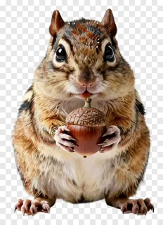 A small chipmunk holding a brown acorn in its front paws.
