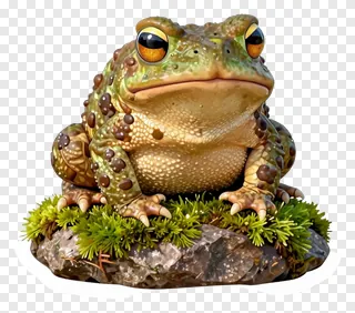 Toad perched on a rocky base covered in green moss.