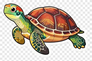 A colorful cartoon turtle swimming.