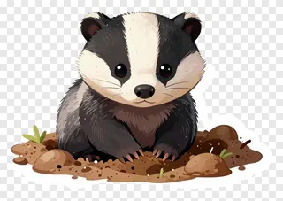 A cute cartoon badger emerging from a dirt hole.