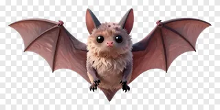A cute, furry bat with spread wings and a pink nose.