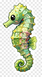 A cute, curled seahorse with a kelp frond attached to its tail.