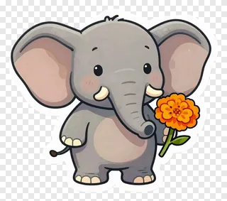A cartoon elephant holding a marigold flower.