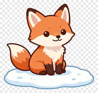 A cute cartoon fox sitting on a snowbank.