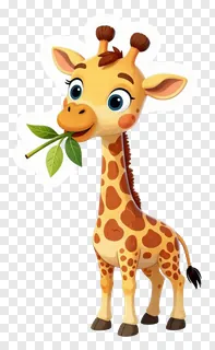 A cartoon giraffe eating leaves.