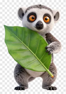 A cute lemur holding a large green leaf.