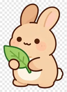 A cute rabbit holding a green leaf.