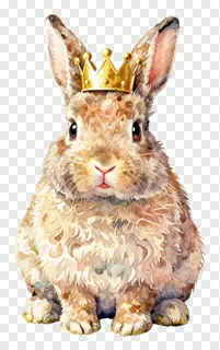A cute rabbit with a gold crown on its head.