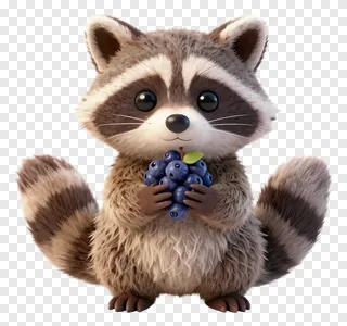 A cute raccoon holding blueberries.