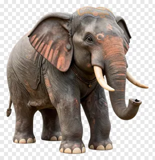 A decorated toy elephant with patterns and a necklace.