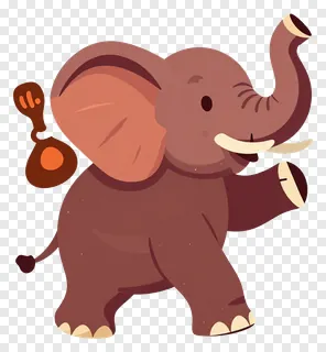 Cartoon elephant dancing with trunk up at a festival.