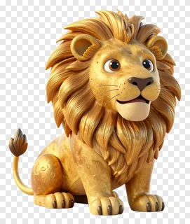 A golden lion statue sitting down with a happy expression.