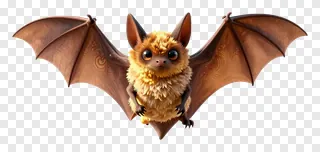A cute bat with golden fur and spread wings.