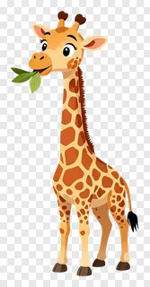 A cartoon giraffe eating green leaves.