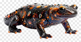 A glowing fire salamander with orange spots on black skin.