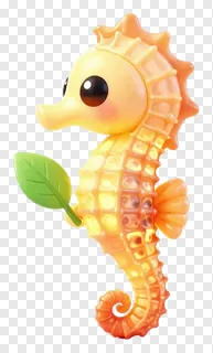 A glowing orange seahorse holding a green leaf.