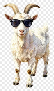 A white goat wearing sunglasses.