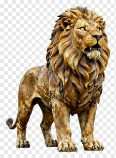 A golden lion statue roaring with an open mouth and flowing mane.
