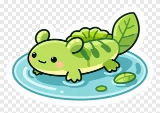 A cartoon axolotl floating on water with leaves.