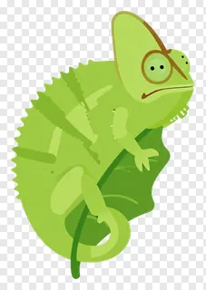 Green chameleon clinging to leaf edge.
