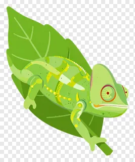 A green chameleon clinging to a leaf.