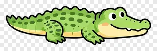 A green cartoon crocodile lying down and smiling.