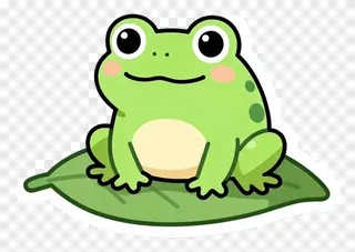 A green cartoon frog sitting on a leaf.