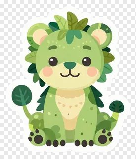 A green cartoon lion with leafy mane and tail sitting down.