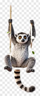 A lemur swinging from a rope vine.