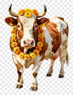 A decorated bull wearing a marigold garland.