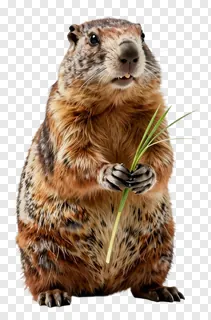 A marmot standing on hind legs holding a blade of grass.
