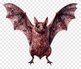 A maroon bat with patterned wings and large eyes.