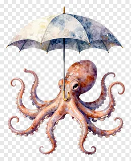 An octopus holding an open umbrella.