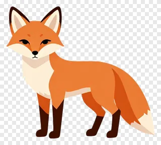 Stylized orange fox standing with bushy tail.