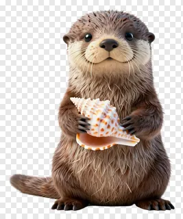 A small otter holding a seashell in its paws.