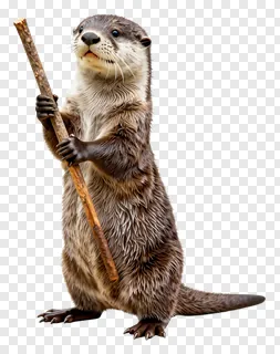 An otter standing on hind legs holding a stick.