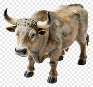 A patterned Nandi bull statue in profile view.