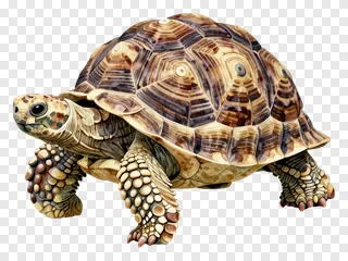 A tortoise with a patterned shell and textured limbs.