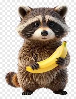 A raccoon holding a banana.
