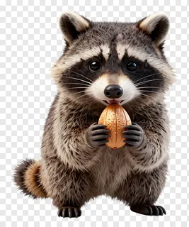 A raccoon holds a shiny walnut in its front paws.
