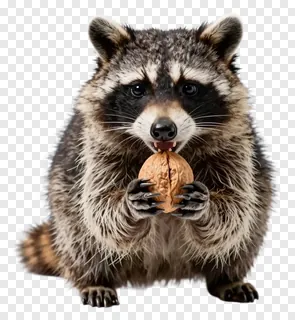 A raccoon holding a walnut with both paws.