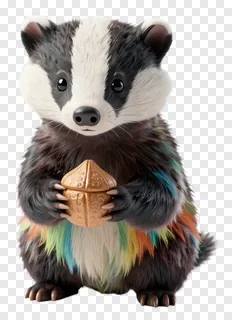 A badger with rainbow fur holding a nut.