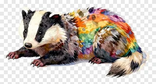 A badger with rainbow-colored fur lying down.