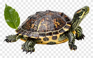 A turtle with a rainbow shell holding a leaf.