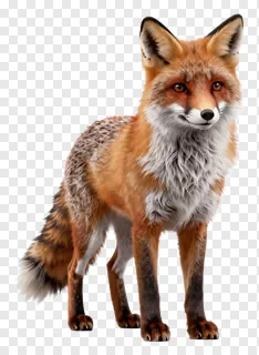 Standing red fox wearing dense winter fur.