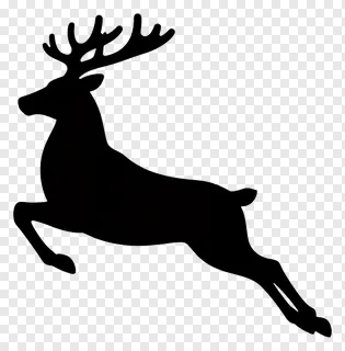 Black silhouette of a leaping reindeer with curved antlers.