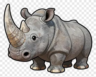 A cartoon rhino with a decorated horn and textured skin.